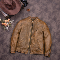 American Retro Venom Motorcycle Leather Jacket Mens Yellow Brown Stand Collar Cowhide Jacket 1 3mm Stonewashed Distressed Slim Jacket