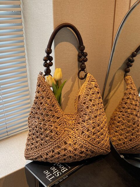 Summer straw bag for women 2026 new seaside vacation beach hollow shoulder tote bag woven vegetable basket bag