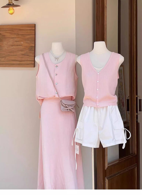 Ice Silk Thin Two-Piece Style Top with Unique Design, Niche Pink Korean Version Versatile Camisole Vest for Women in Summer