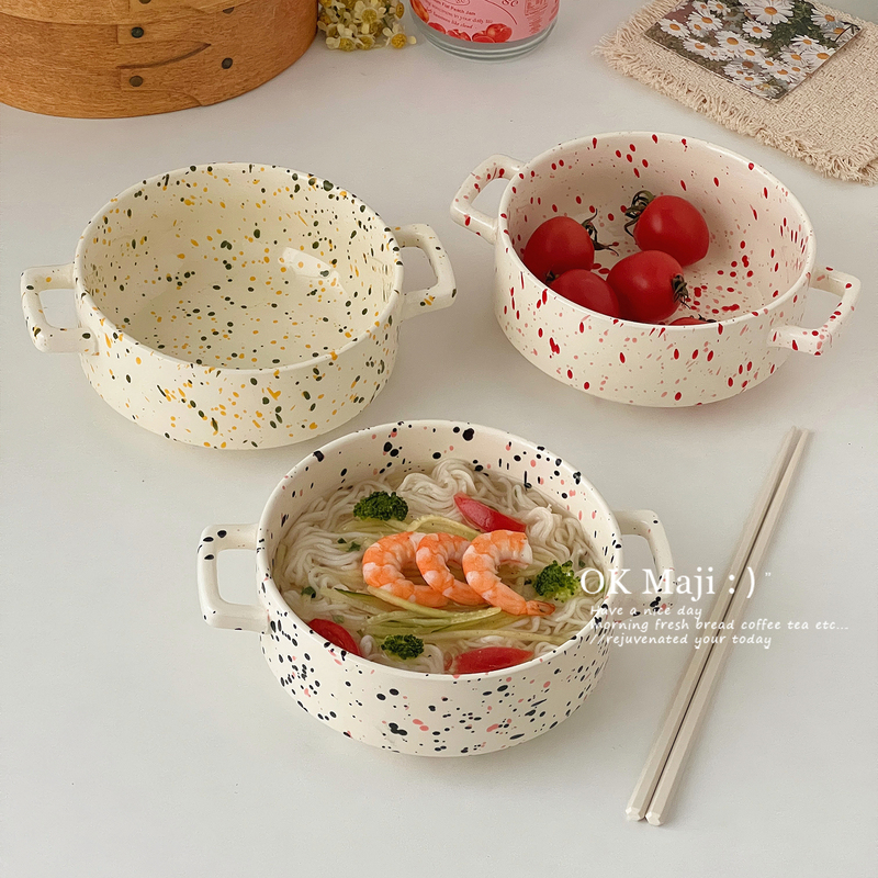 Korean-Style Large-Capacity Double-Handle Instant Noodle Bowl, Personal Use Splash-Ink Tableware, High-Value Fruit Bowl, Ceramic Snail Noodle Bowl