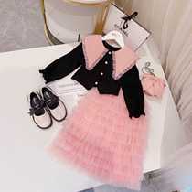 Princess girls suit 2023 spring new style small fragrant style doll collar long-sleeved mesh cake skirt two-piece new set
