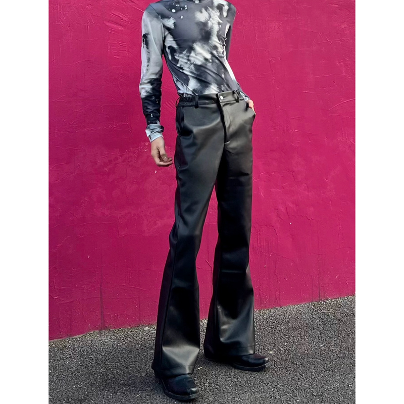 Fengligu/American Retro High-End Pu Leather Flared Leather Pants for Men, Niche Design, Loose Wide-Leg Versatile Long Pants