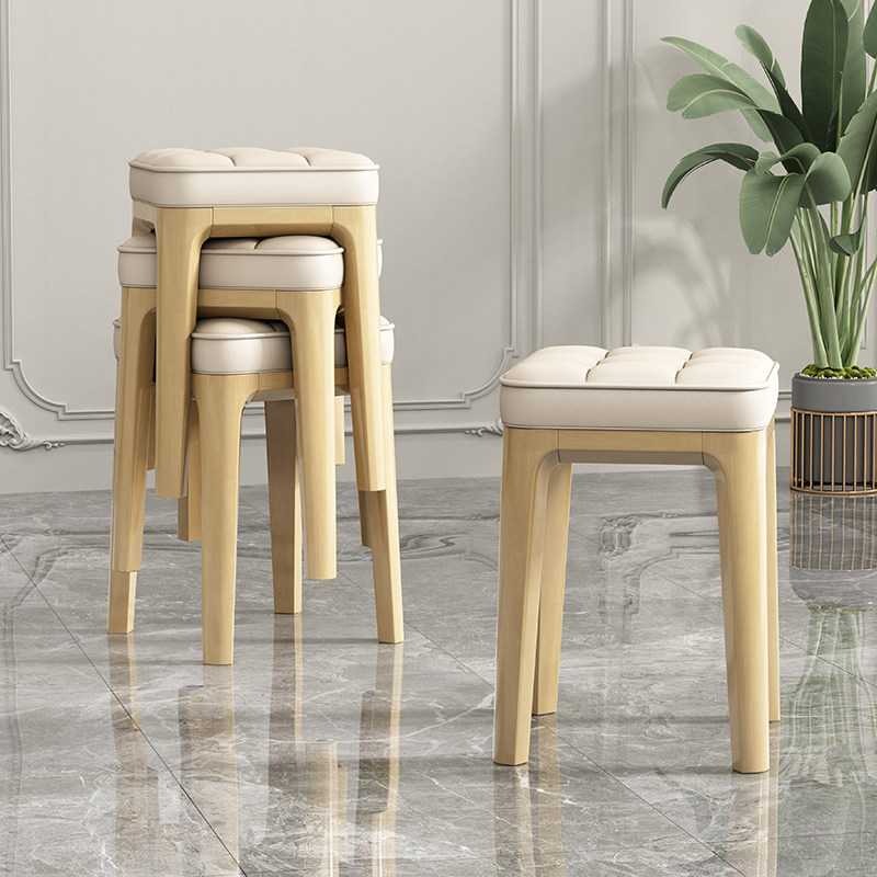 Light luxury solid wood soft bag stool modern simple log color home Nordic stackable dressing table stool square stool high stool