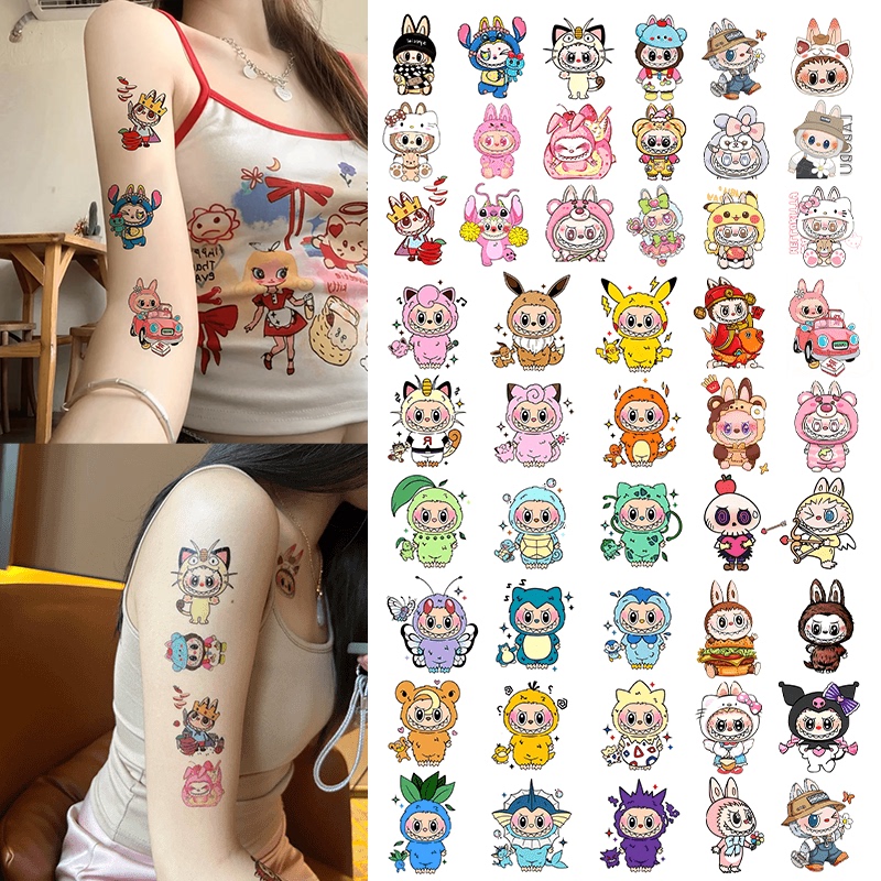 Popular Labubu Hellokitty Hello Kitty Cartoon Colorful Tattoo Stickers High-Value Trendyy Waterproof Flower Arm