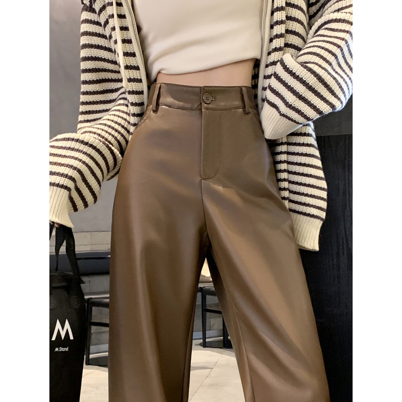 Plus-Size Khaki High-End Faux Leather Pants for Women, New Autumn Style, Petite American-Style High-Waisted Pu Leather Wide-Leg Pants
