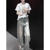 Футболка, джинсы, штаны, летний комплект, короткий рукав, подходит для подростков, 2025 года, простой и элегантный дизайн, с вышивкой