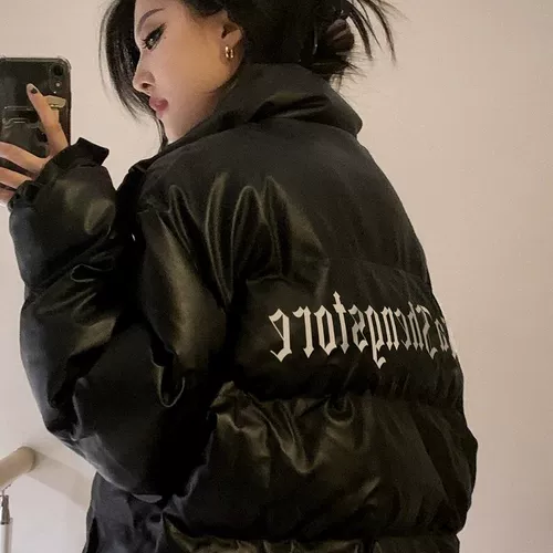 Зимний пуховик, черная полиуретановая куртка, оверсайз, увеличенная толщина