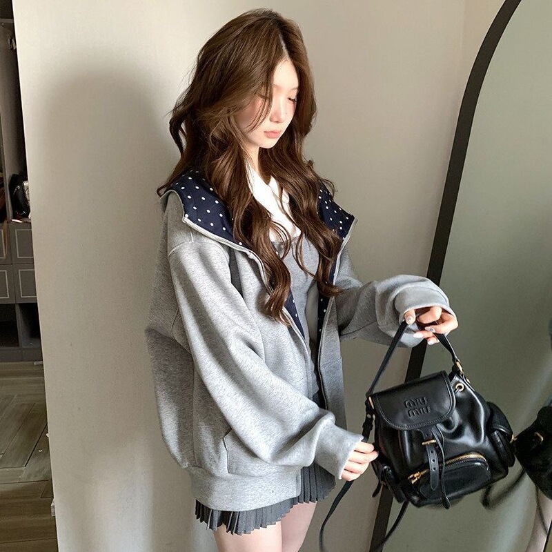 Lei Gangzhu's Style Store Has Only One Korean-Style Polka Dot Zip-Up Cardigan Hooded Sweatshirt for Women, 2026 New Model Jacket