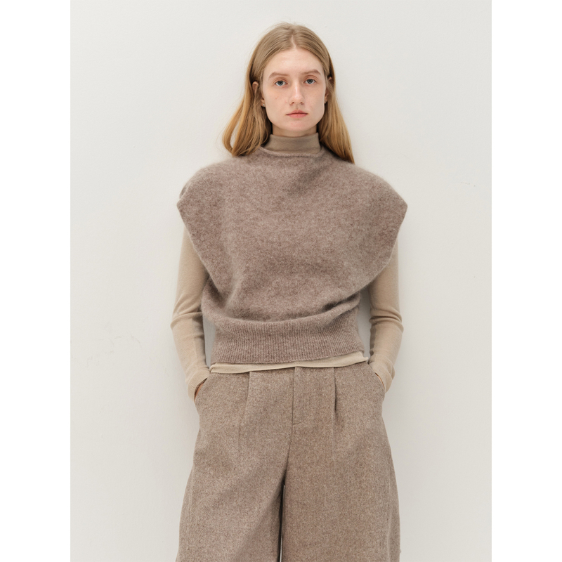 Chalamon Cashmere Wool Half-Turtleneck Brushed Craft Vest Sweater Gilet for Women