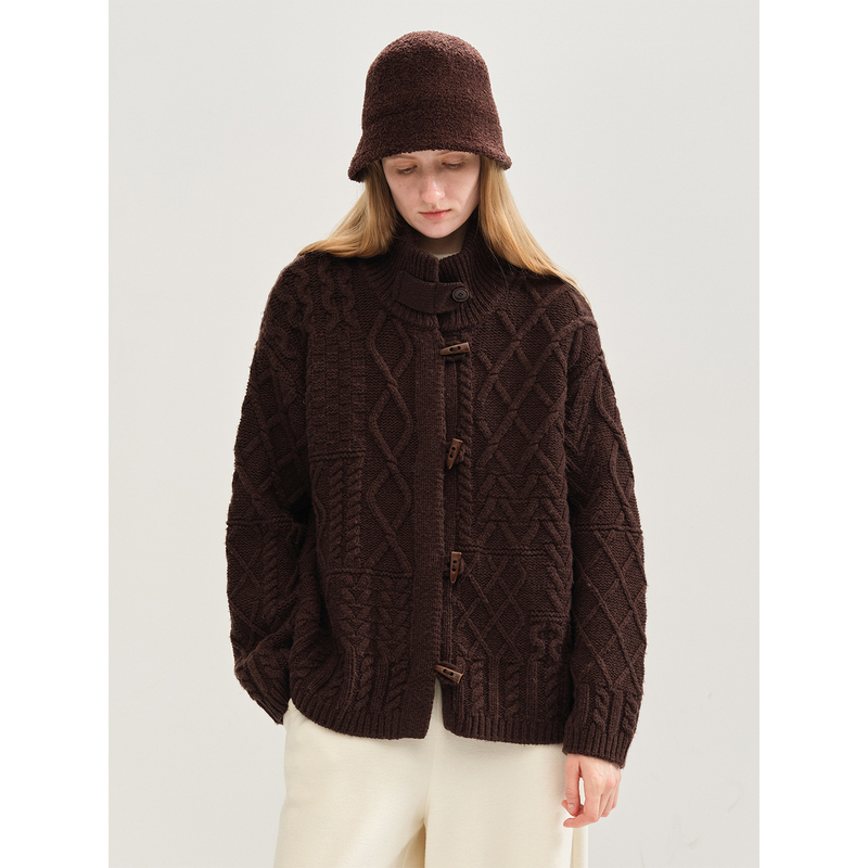 Chalamon 100% Sheep Wool Stand Collar Toggle Button Cable Knit Sweater Women's Wool Cardigan Jacket Chalamon 100% Sheep Wool Stand Collar Toggle Button Cable Knit Sweater Women's Wool Cardigan Jacket