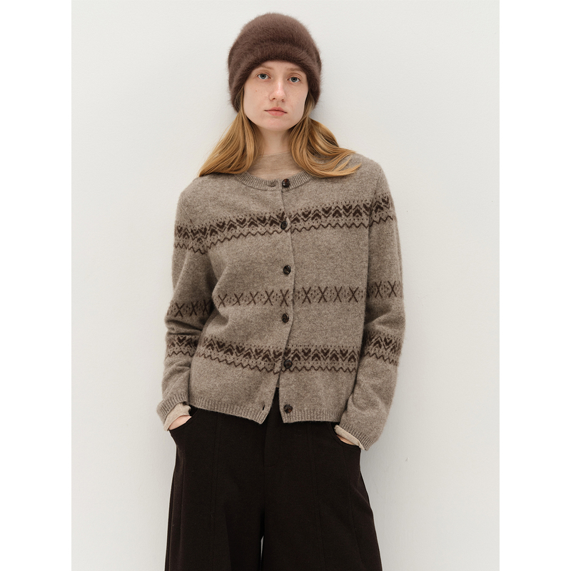Chalamon Yak Wool Fair Isle Vintage Round Neck Jacquard Knitted Cardigan Sweater for Women Chalamon Yak Wool Fair Isle Vintage Round Neck Jacquard Knitted Cardigan Sweater for Women