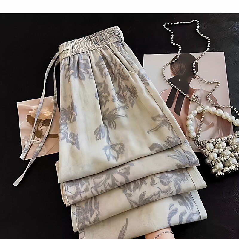 Casual Ice Silk Cool Retro Printed Wide-Leg Pants for Women, Summer Thin Loose High-Waisted Drapey Straight-Leg Mom Pants