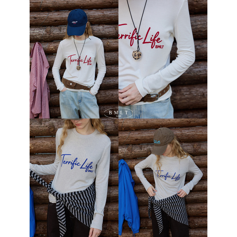 Bmlt [Adjustable] Lyocell Merino Wool Letter Print Long Sleeve T-Shirt for Women, Early Autumn Stretchy Versatile Top