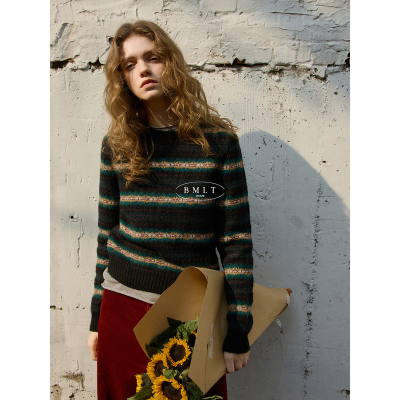Bmlt [Broken Star Lava] Early Spring Color-Block Striped Vintage Round Neck Korean Style Knitted Pullover Sweater Warm Top