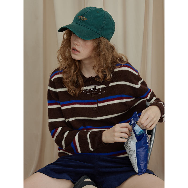 Bmlt [Textured Melody] Korean Style 100% Sheep Wool Retro Color-Block Striped Lapel Knitted Autumn Sweater Top