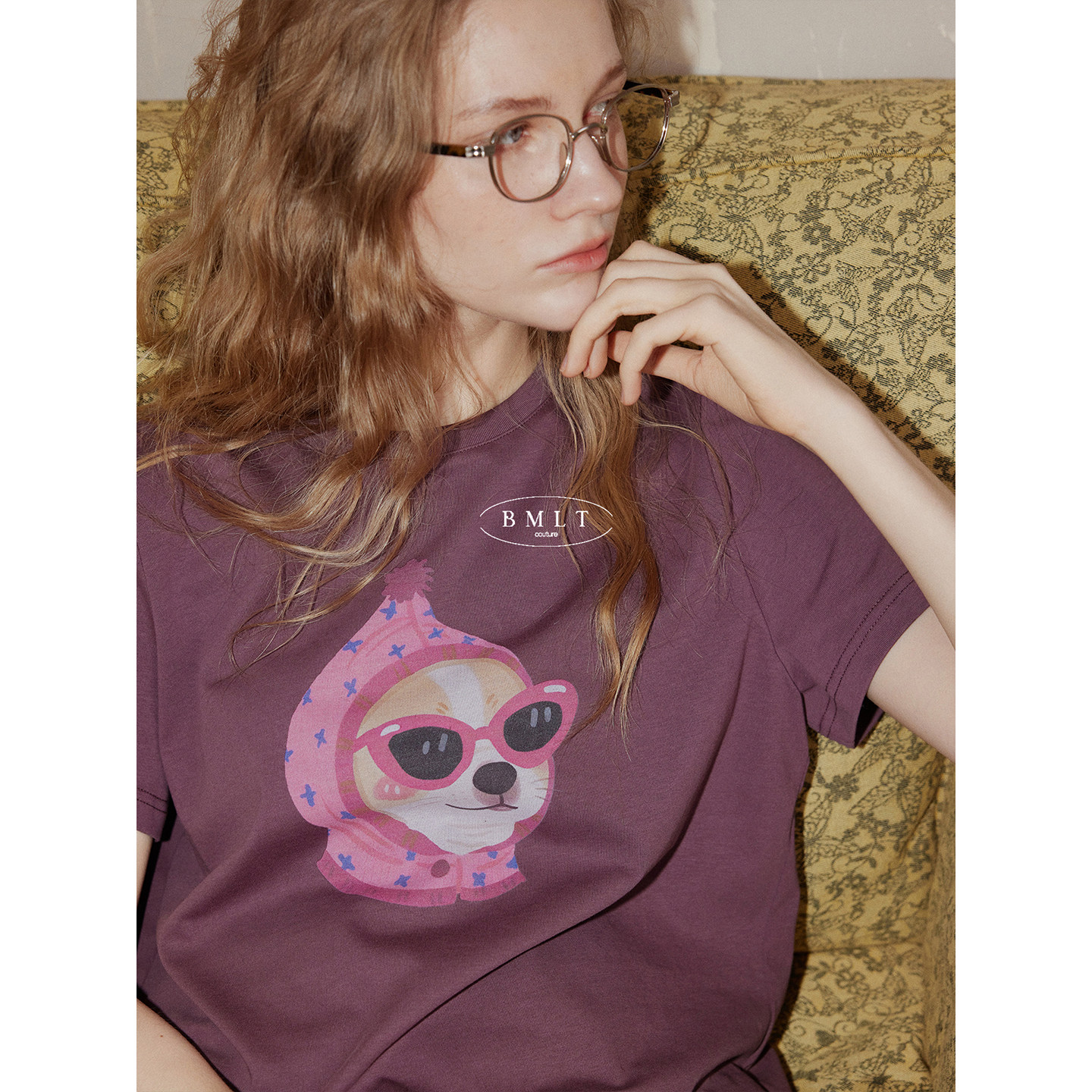 Bmlt [จดหมายจากขุนเขา] เสื้อยืดพิมพ์ลายลูกสุนัขสีม่วงแนววินเทจ ฤดูร้อน แบบลำลองสบายๆ ผ้าฝ้ายแท้ ไหล่ปกติ แขนสั้น