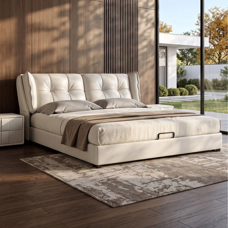 Genuine Leather Bed, Modern and Simple, 1.8m Double Bed, Master Bedroom Wedding Bed, Nordic High Box Storage, 2.2m 2 Soft-Packed Large Bed Genuine Leather Bed, Modern and Simple, 1.8m Double Bed, Master Bedroom Wedding Bed, Nordic High Box Storage, 2.2m 2 Soft-Packed Large Bed