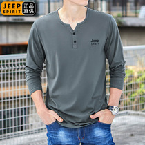 JEEP Henry shirt mens fall new loose half-cardiovert long sleeve T-shirt male embroidered pure cotton undershirt spring autumn