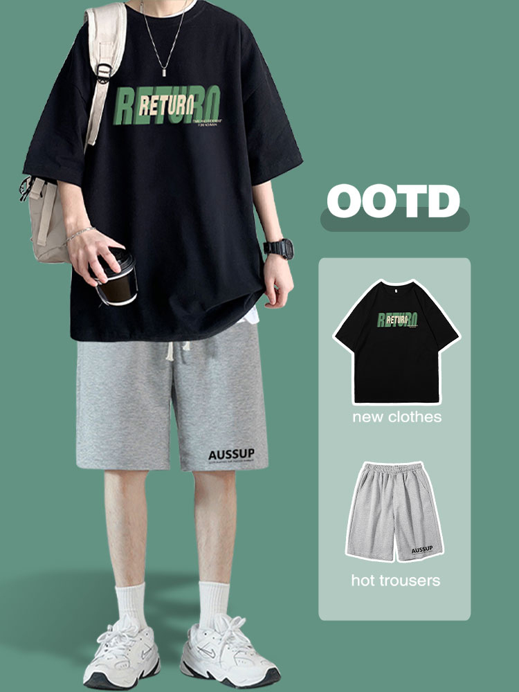 <!--青少年夏季套装男装帅气学生衣服搭配一套酷帅穿搭初高中短袖t恤-->