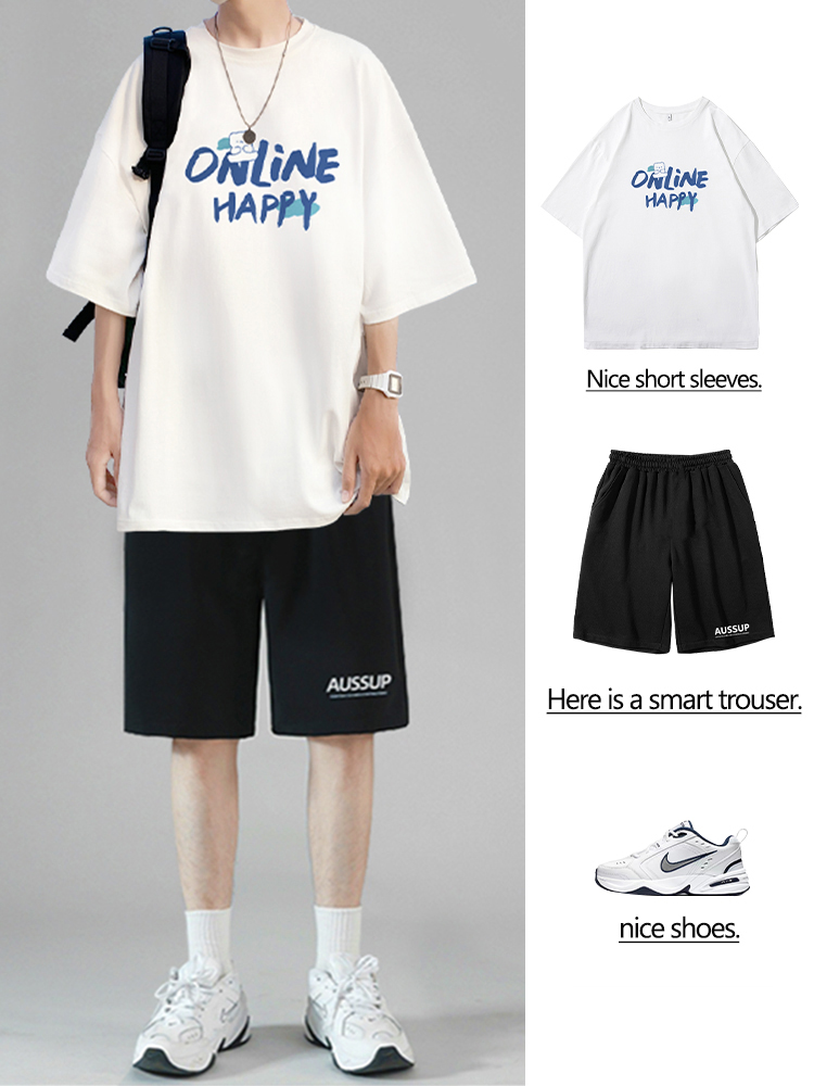 <!--初中生夏装男酷帅气穿搭配一套装衣服青少年高中学生短袖t恤潮流-->