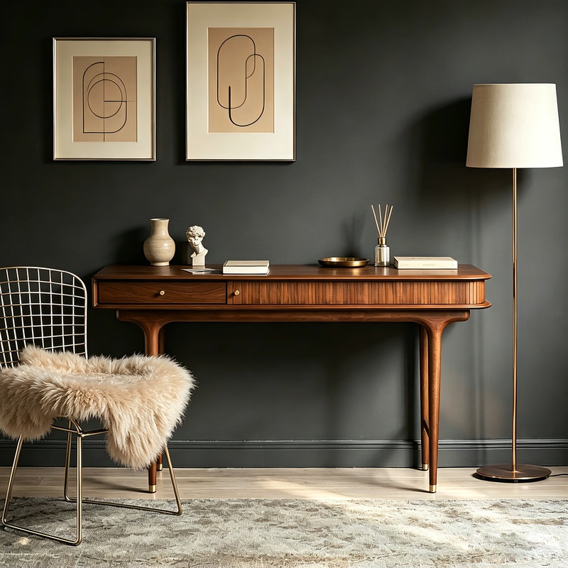 Nordic Solid Wood Desk, French Retro Black Oak Office Desk, Vintage Home Writing Desk, Designer Computer Desk