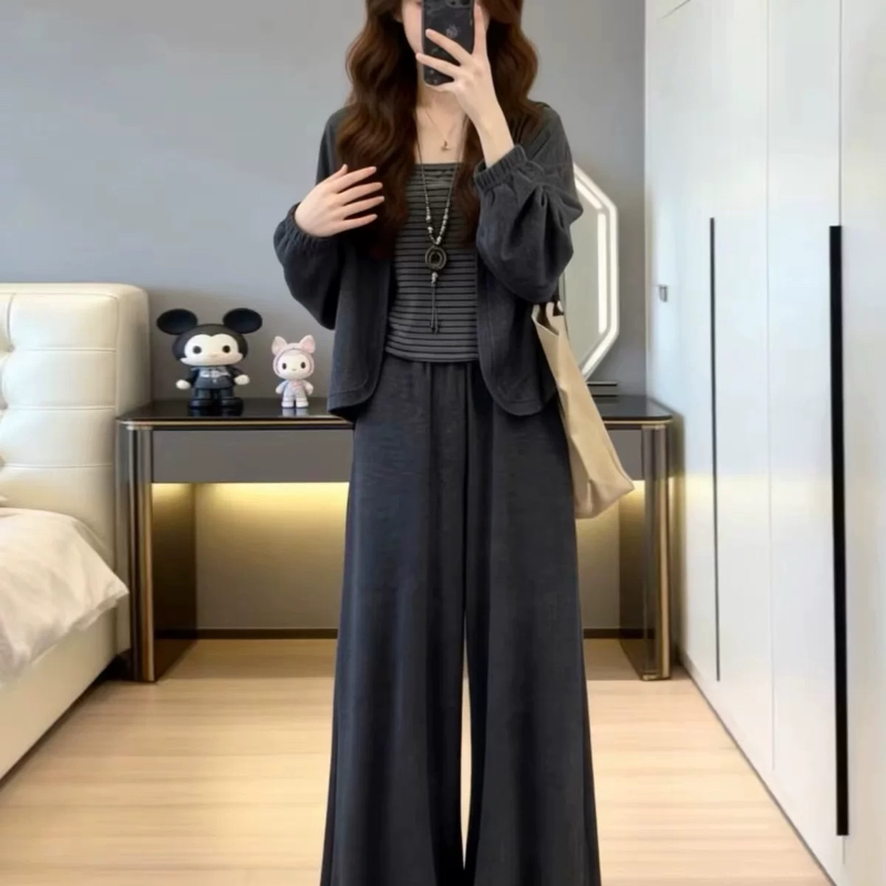 2026 Autumn Striped Camisole Cardigan Jacket + Wide-Leg Pants Three-Piece Set Women's Spring and Autumn Fashion Suit