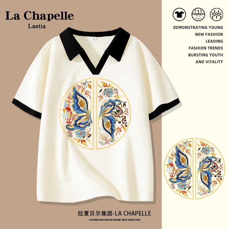 La Chapelle V-Neck Short-Sleeved T-Shirt for Women, Summer 2026 New Popular Polo Shirt, Chinese Style Top, Pure Cotton Half-Sleeve