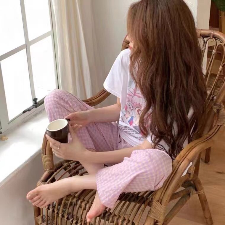 Embrace summer broken trousers in wind movement high waist thin legs wide lattice casual family pants