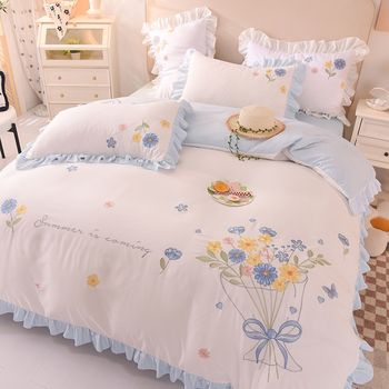Korean embroidery fresh wash cotton q bed four-piece set princess style girl heart naked sleeping sheets bed cover quilt cover