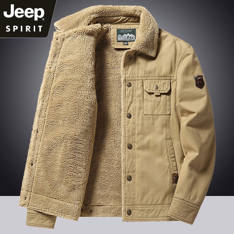 Jeep Men's Fleece-Lined Work Jacket Military Style Autumn and Winter Lamb Wool Casual Jacket for Young and Middle-Aged People with a Turn-Down Collar Cotton Coat
