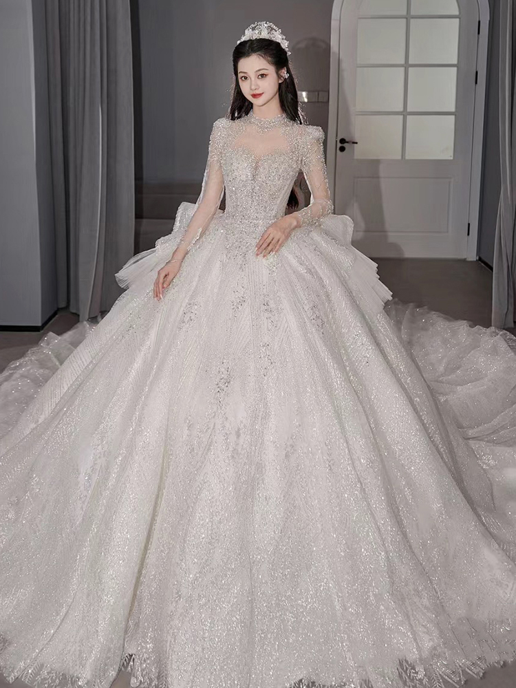 Long -sleeved light wedding dress 2024 new main yarn high -level texture French large size small, high -definition heavy worker fat mm Long -sleeved light wedding dress 2024 new main yarn high -level texture French large size small, high -definition heavy worker fat mm