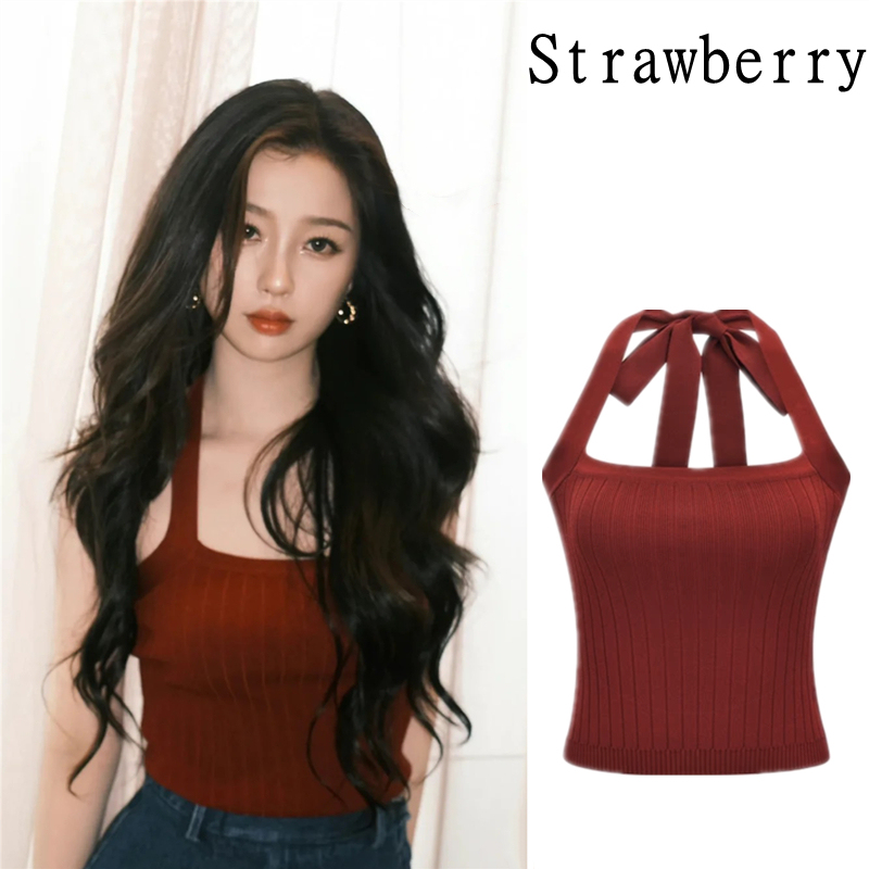 Yu Shuxin's Same Style Red Halter Neck Tie-Up Tank Top Sleeveless Knit Tube Top Outerwear Short Camisole Hot Girl Top Yu Shuxin's Same Style Red Halter Neck Tie-Up Tank Top Sleeveless Knit Tube Top Outerwear Short Camisole Hot Girl Top