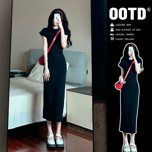 Черная цветная футболка с коротким рукавом, летнее платье, длинная юбка, 2025 года, с акцентом на бедрах, облегающий крой