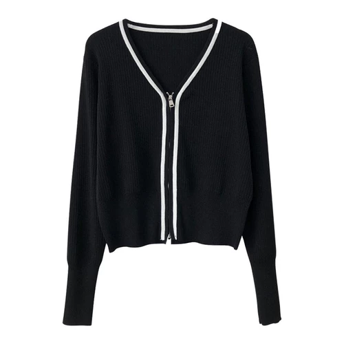 Весенний осенний черный тонкий свитер, куртка, трикотажный лонгслив, кардиган, изысканный стиль, V-образный вырез