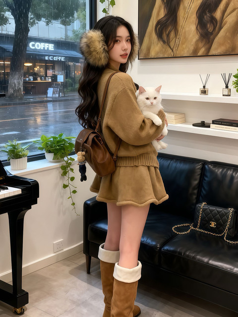 2026 new style for little Maillard to wear knitted sweater suit, short skirt, lazy style dress for women in autumn and winter