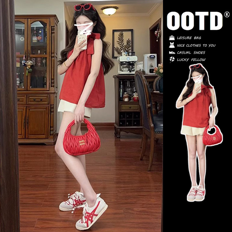 2026 New American Style Hot Girl Red Bow Tank Top Camisole Outerwear Women's Summer French Unique Sleeveless Top