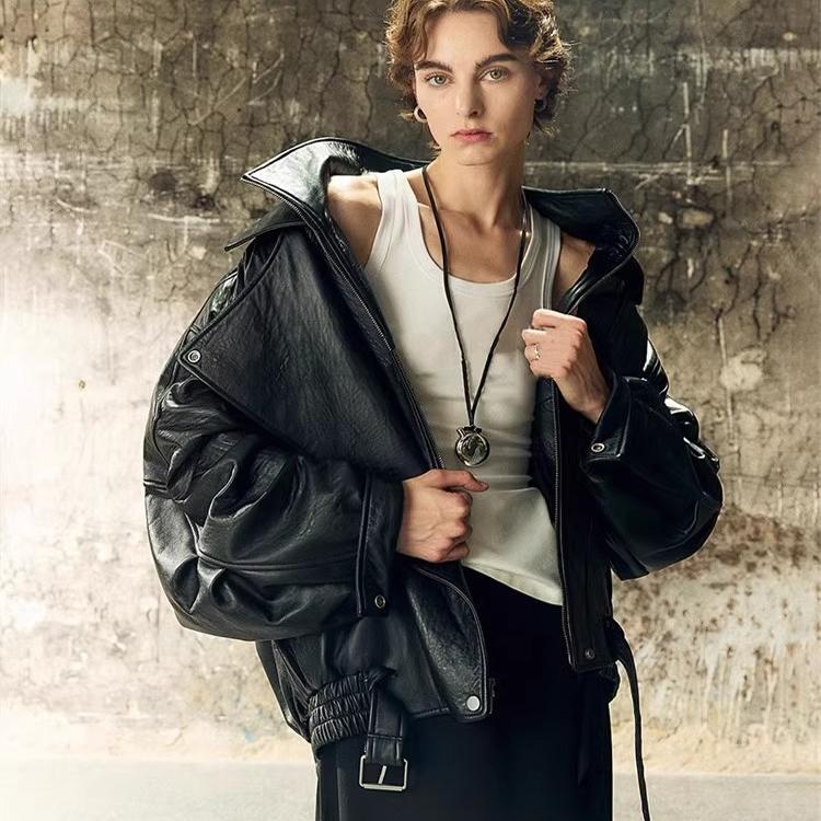 2026 New Leather Jacket for Women, High-End Imported Lambskin, American Retro Motorcycle Style, Double-Layer Collar Jacket