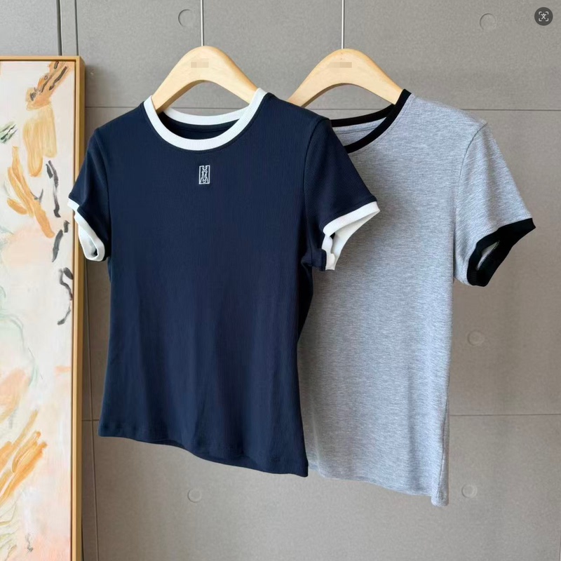 【Qiqi】Simple and Stylish Elastic Cotton Ribbed Color-Block Slim-Fit Short-Sleeve T-Shirt 260593