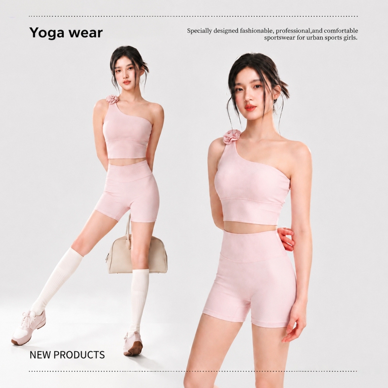 New Style Slanted Shoulder Floral Yoga Top with Chest Pads, Sports Vest, Fitness Shorts Set, Pilates Training Outfit