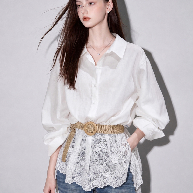 Autumn 2026: Stunningly Beautiful and Unique White Lace Patchwork Long-Sleeve Shirt for Women, Korean-Style Blouse