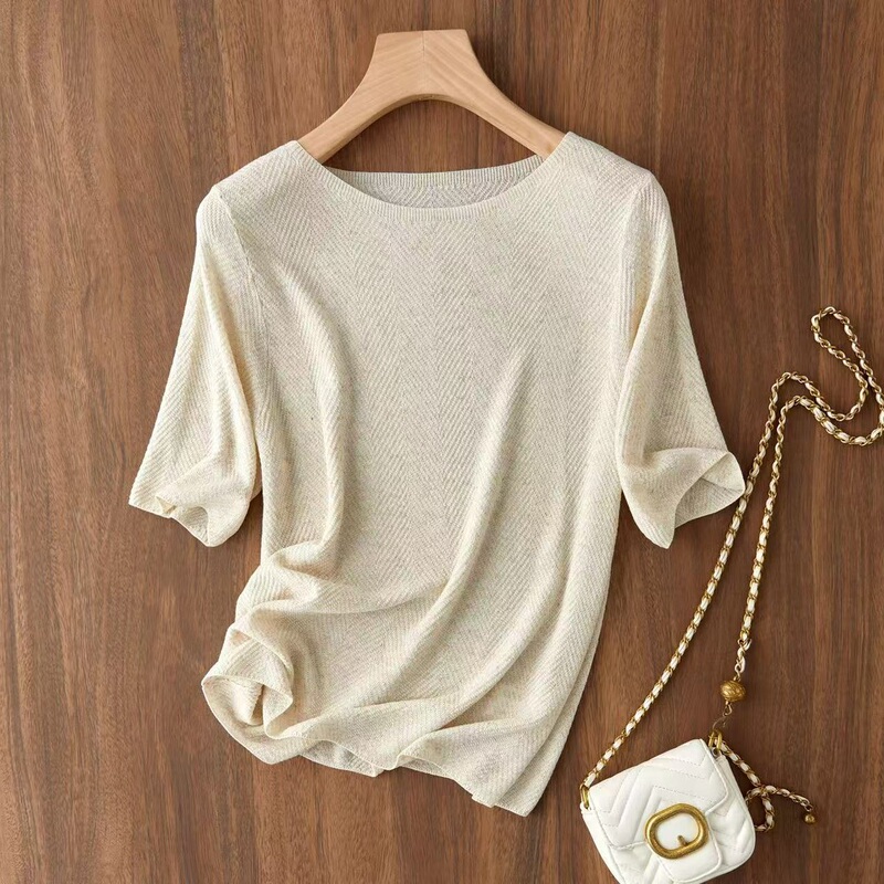 Silk + Wool [One-Piece Garment, Fully Seamless] Mall-Quality Fishbone Pattern Mid-Sleeve Knit Top, Knitted Half-Sleeve for Women