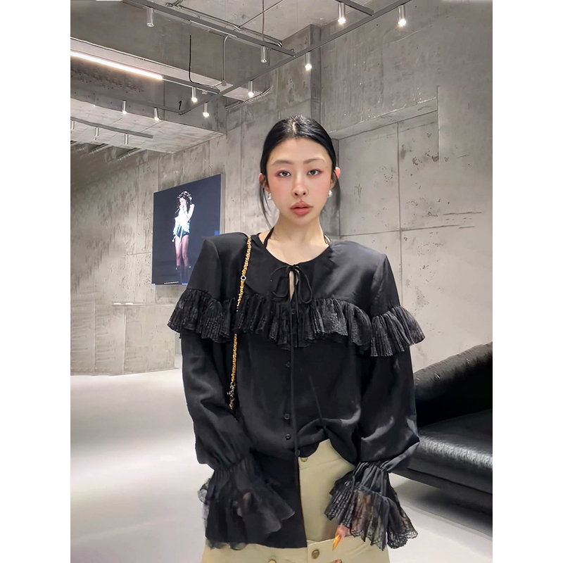 Korean Style Commuter Lace Ruffle Shirt for Women, Long-Sleeved, Loose Fit, Tie Design, Sophisticated Craftsmanship, Slimming Black Top