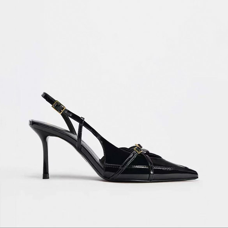 Za Women's Shoes 2026 Summer New Black Patent Leather Buckle Strap High-Heeled Mules Pointed Toe Stiletto Sandals for Women