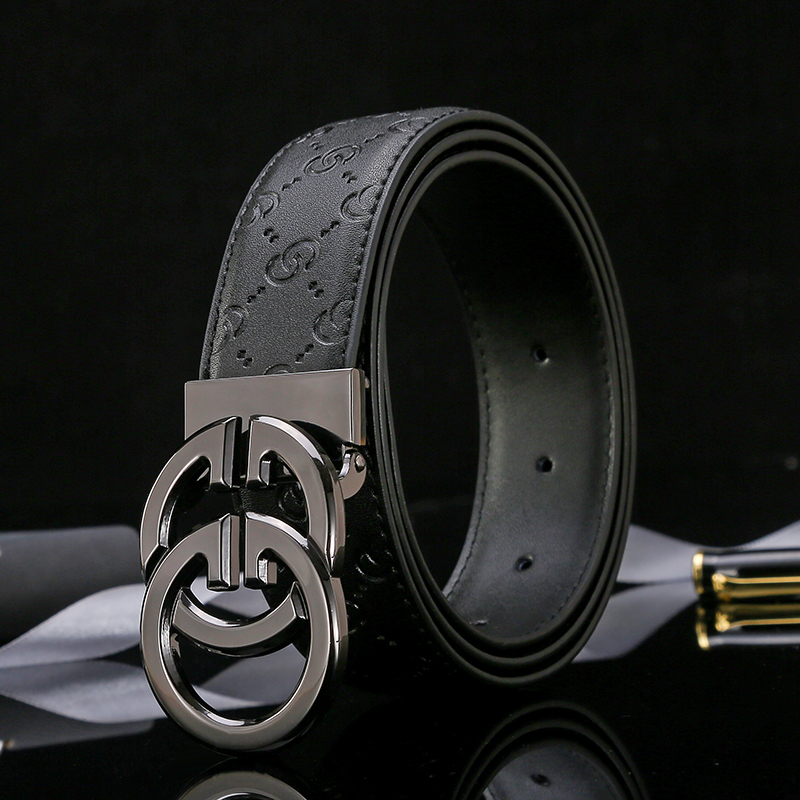 Coolqi Belt for Men with Smooth Buckle, Cool Genuine Leather Casual Fashion Versatile Double-G Simple Jeans Belt for Young People