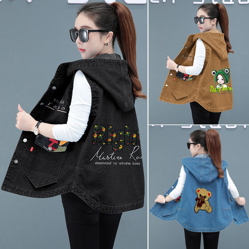 Plus Size Fat Girl 2026 New Spring and Autumn Denim Vest Women's Mid-Length Hooded Waistcoat Fashionable Trendy Vest