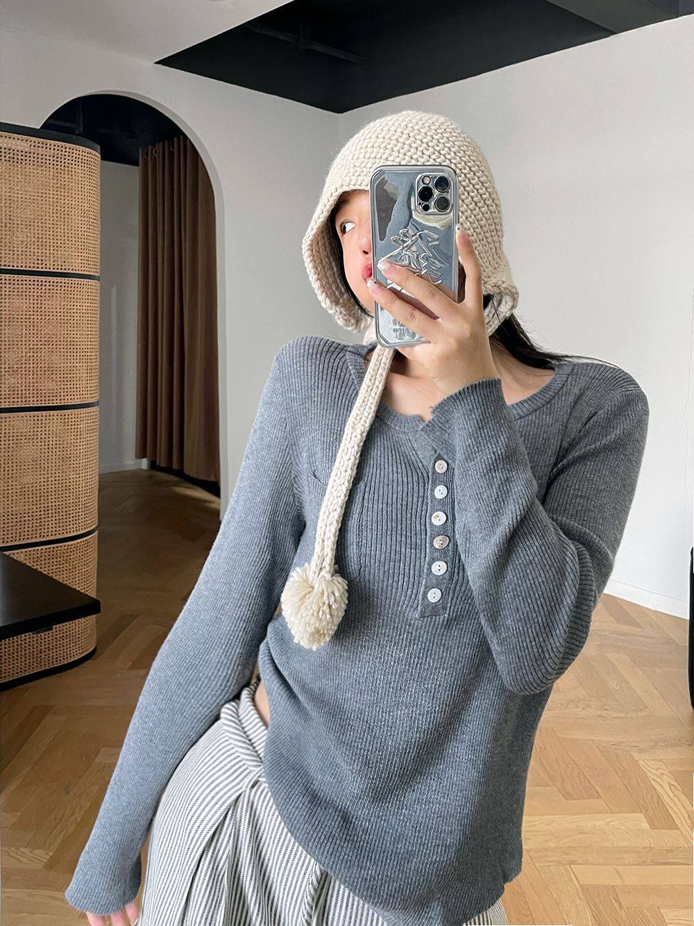 Design sensation Half the autumn paragraph Conspico Slim Knitwear 059 open collar Jersey Shirt 2023 New 100 hitch-shirt 3-Taobao