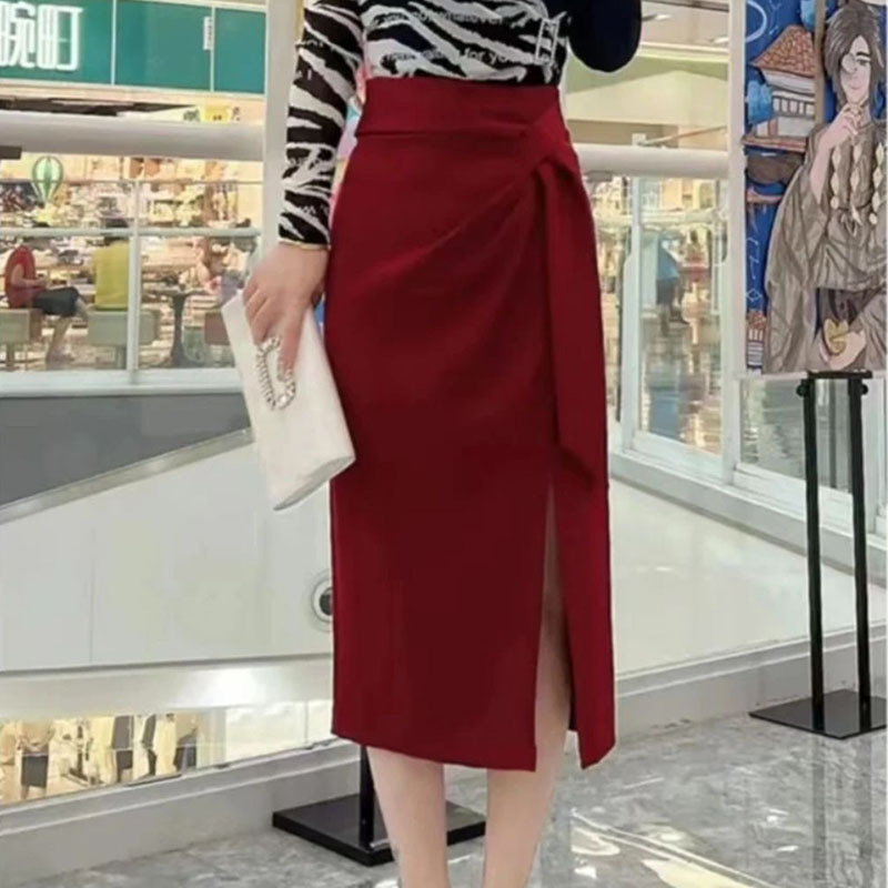 2026 Spring and Autumn High-Waisted Slimming Elegant Ribbon Suit Skirt with Pleats, Body-Covering Slit Mid-Length Skirt, Versatile Skirt 2026 Spring and Autumn High-Waisted Slimming Elegant Ribbon Suit Skirt with Pleats, Body-Covering Slit Mid-Length Skirt, Versatile Skirt