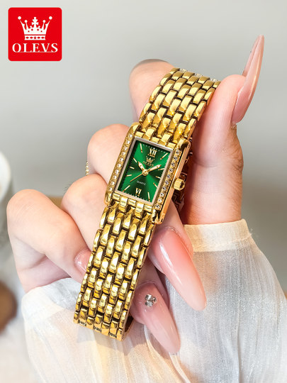New Oulisi Brand-Name Women's Square High-End Watch, Quartz Watch for Women, Waterproof Green Dial Square Watch, Green Women's Watch