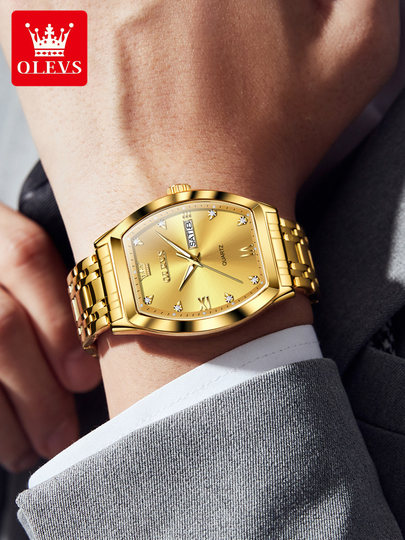 瑞士欧利时方表男士名牌手表男款石英金色防水酒桶型男表时尚新款