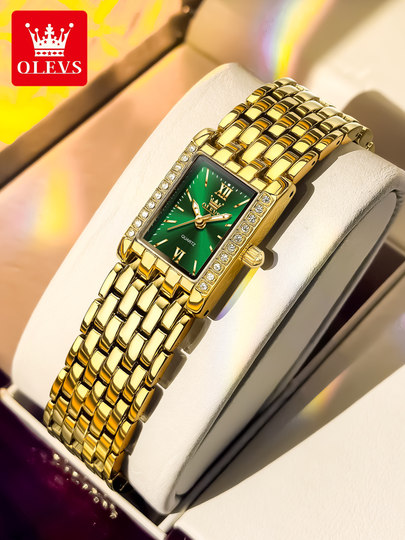 New Oulisi Brand-Name Women's Square High-End Watch, Quartz Watch for Women, Waterproof Green Dial Square Watch, Green Women's Watch